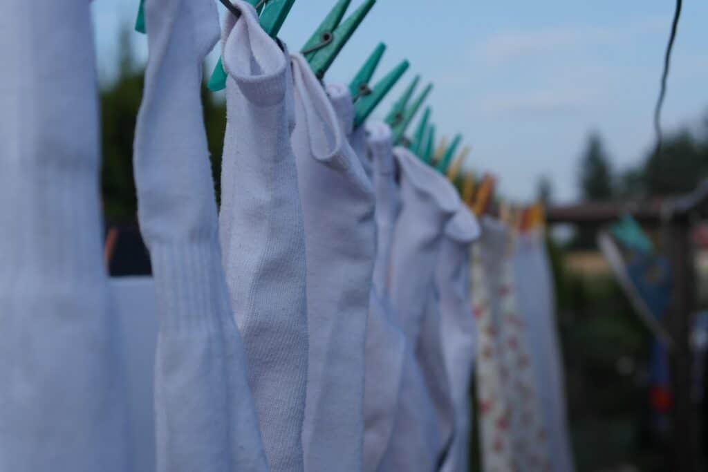 Freshly cleaned socks on a clothesline