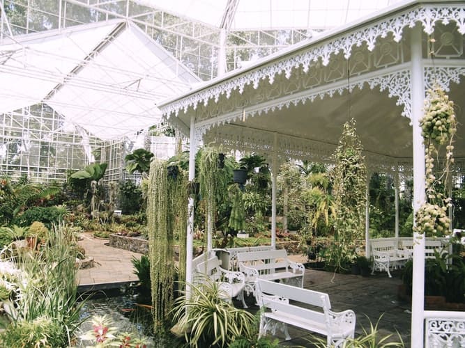 Garden with white wrought iron furniture