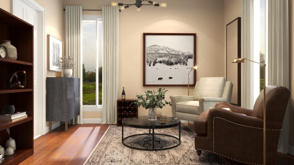 Un diseño interior de una sala de estar con una alfombra de área