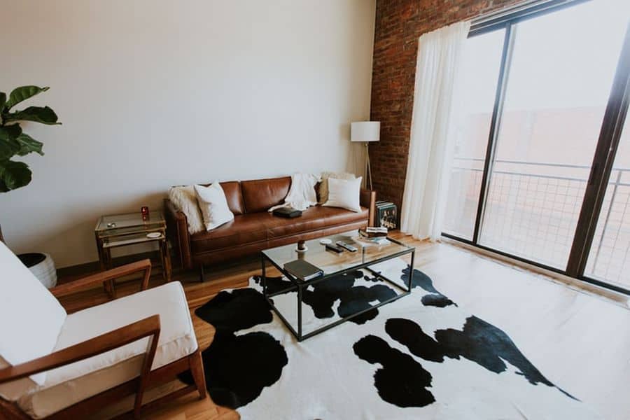 Living room with a cowhide rug