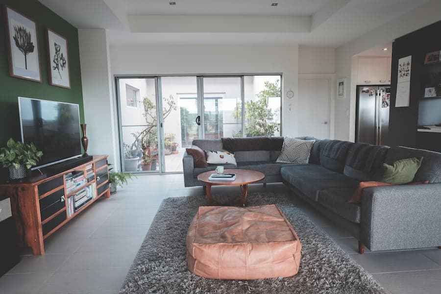 Gray flokati rug in a modern living room