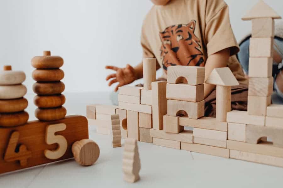 Little kid playing with his wooden toys