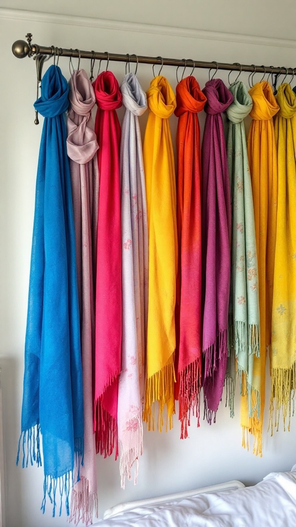 Decorative curtain rod displaying a variety of colorful scarves in a bedroom