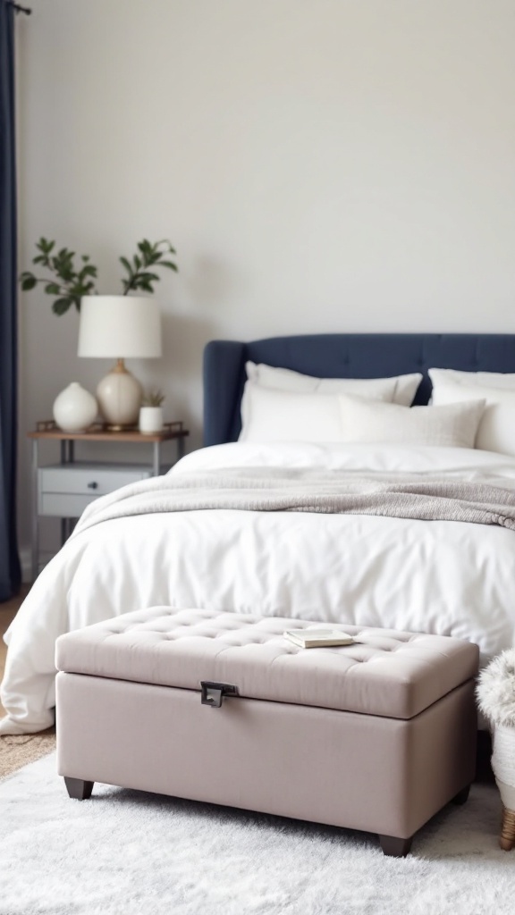 A cozy bedroom featuring a storage ottoman at the foot of the bed.