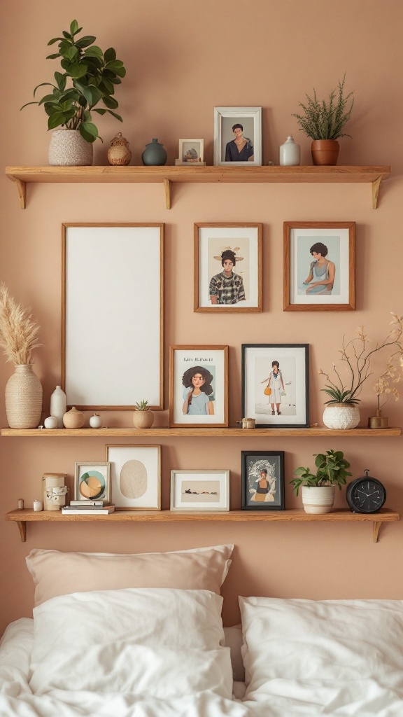 A beautifully organized bedroom wall featuring shelves with personal items and framed photographs.