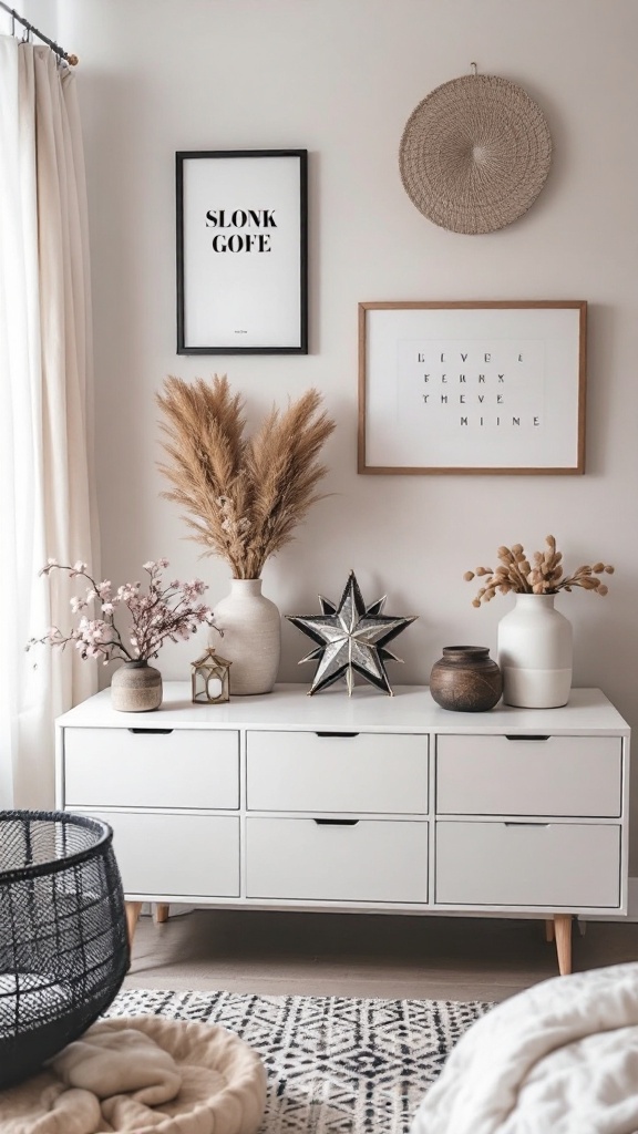 A stylish dresser with decorative items and storage solutions.