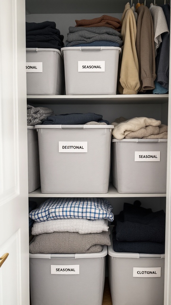 Neatly organized closet with labeled bins for seasonal clothing.