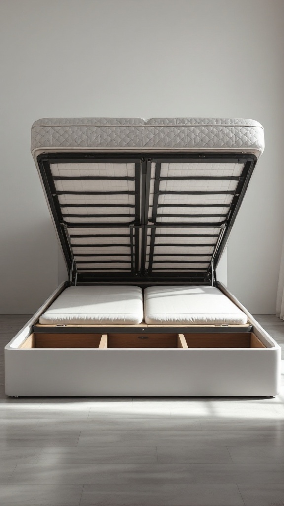 Bed frame with an open top revealing hidden storage compartments underneath.