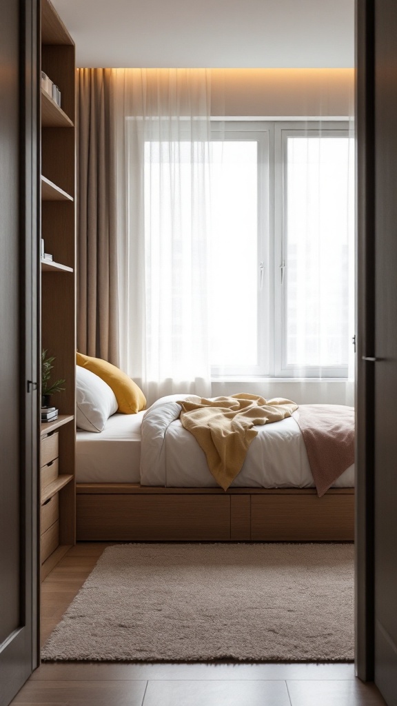 A cozy small bedroom featuring a bed with storage underneath, soft blankets, and natural light from the window.