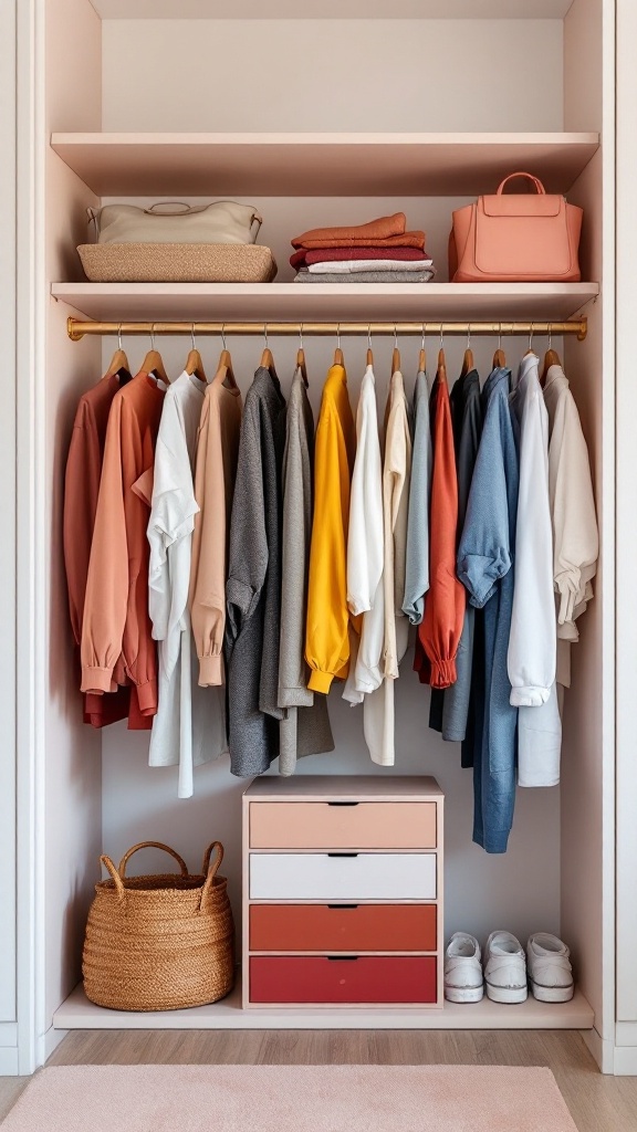 A well-organized closet featuring color-coded clothing and neat storage.