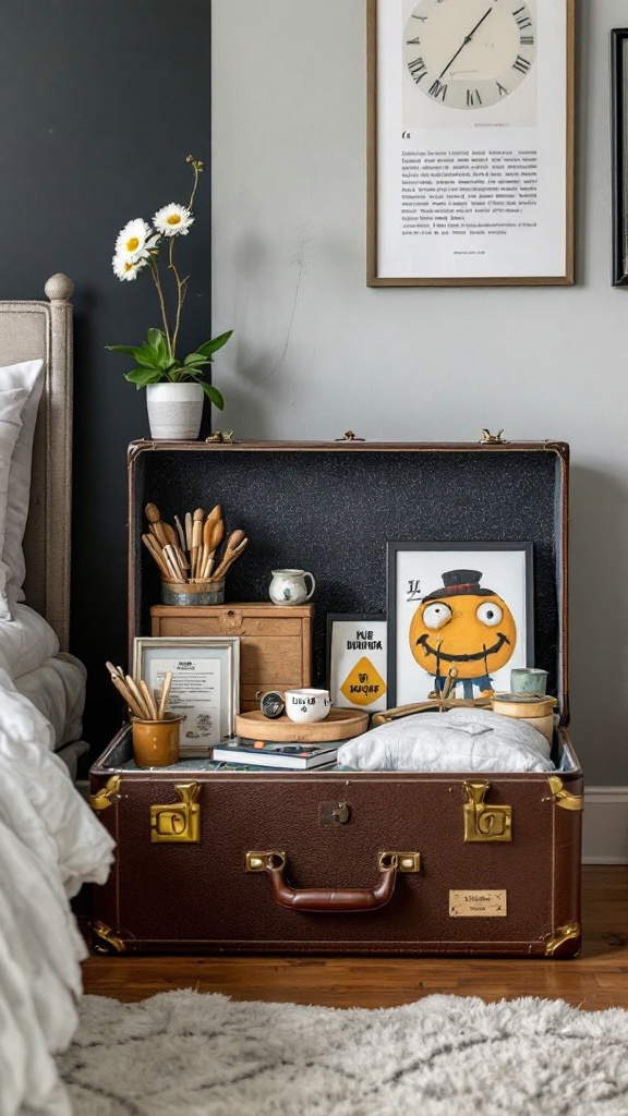 A vintage suitcase used for storage in a bedroom, filled with items like books, art, and decorative pieces.