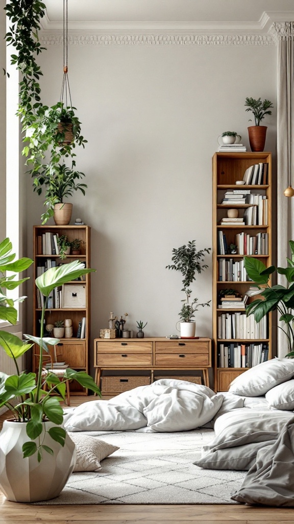 A beautifully organized bedroom featuring vertical shelves, hanging plants, and cozy bedding.