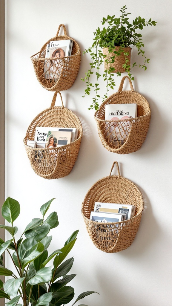 Four wall-mounted baskets holding magazines with a plant above them.