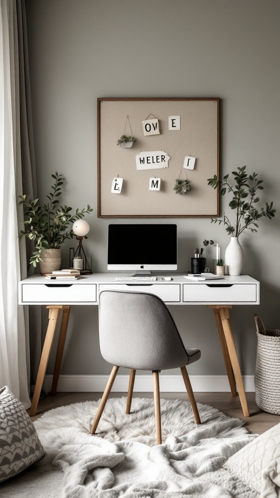 A modern desk setup with under-desk storage, featuring plants and a computer.