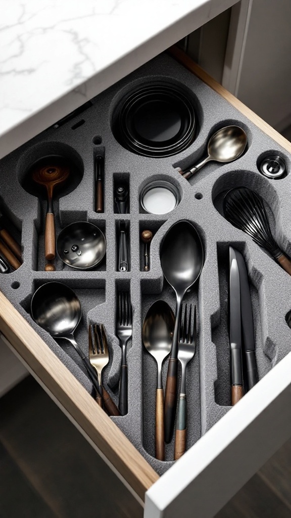 Organized kitchen drawer with foam inserts holding various utensils