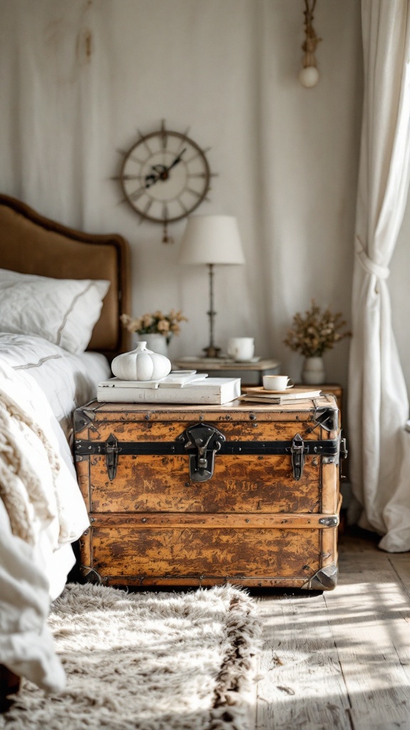 A wooden trunk used for storage in a cozy bedroom setting.