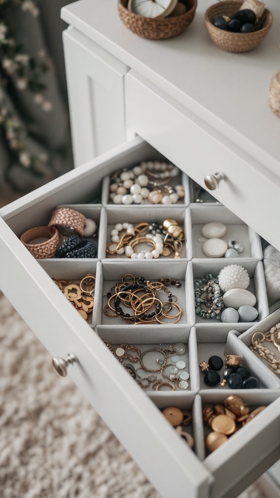 A neatly organized drawer filled with various jewelry and accessories, showcasing sections for easy access.