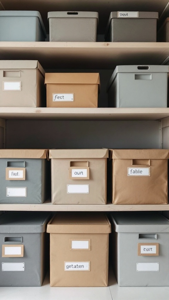 Organized storage boxes with labels on a shelf