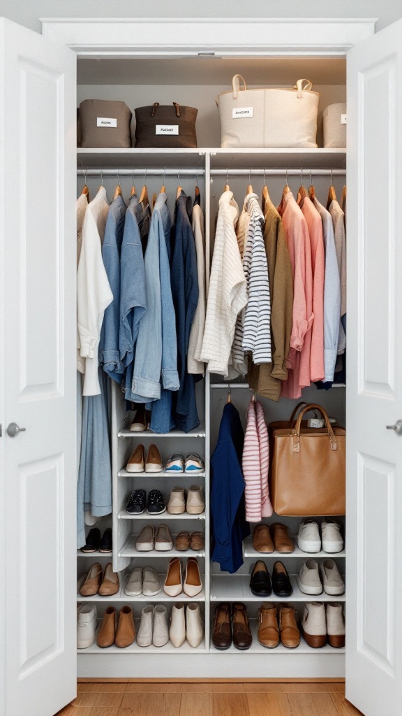 Organized closet with clothes on hangers and neatly arranged shoes on shelves.