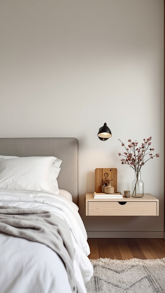 A stylish bedroom featuring a floating nightstand with a lamp, vase with flowers, and neatly arranged decor.