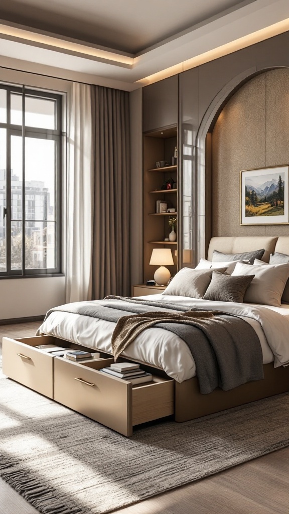 A stylish bedroom featuring a bed with storage drawers and a cozy decor.