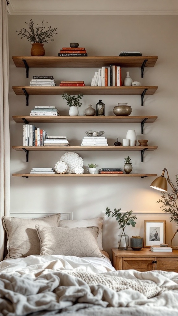 A cozy bedroom featuring wall-mounted shelves with books and decorative items.