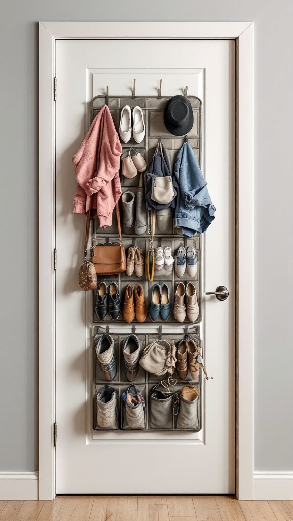 A door-mounted organizer displaying shoes, bags, and clothing.