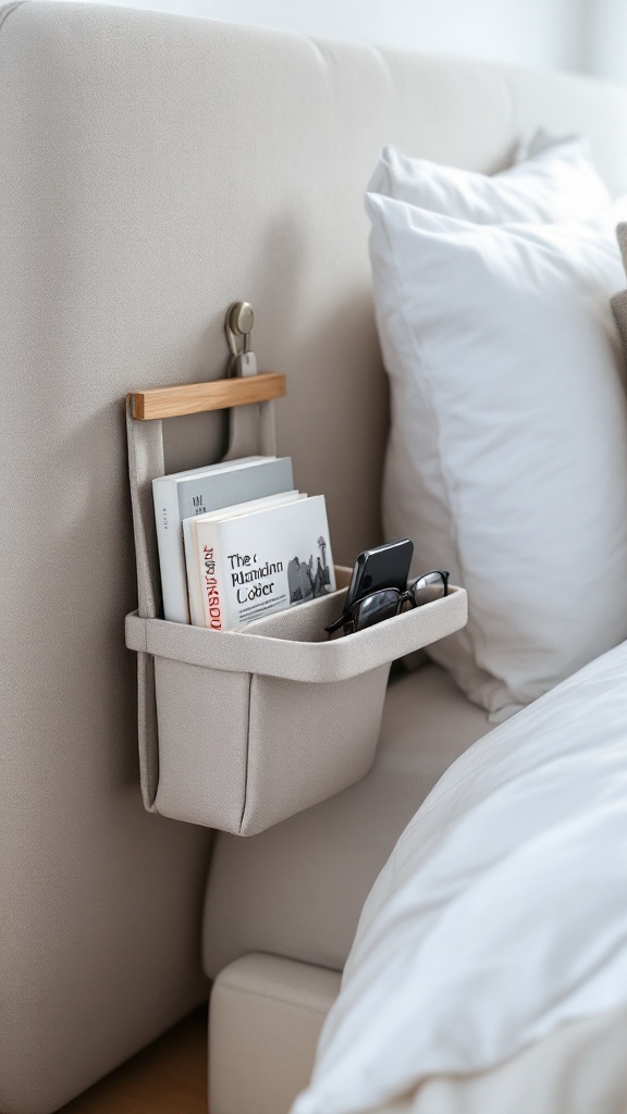 A woven bedside caddy filled with books, a phone, sunglasses, and a coffee cup, hanging beside a bed.