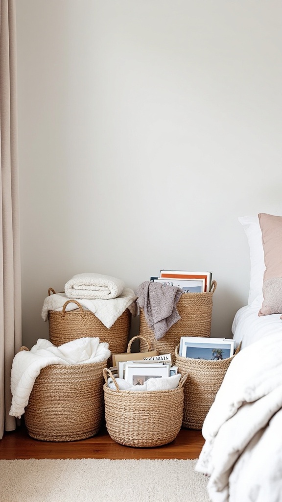 A collection of woven baskets filled with blankets and books in a cozy bedroom setting.