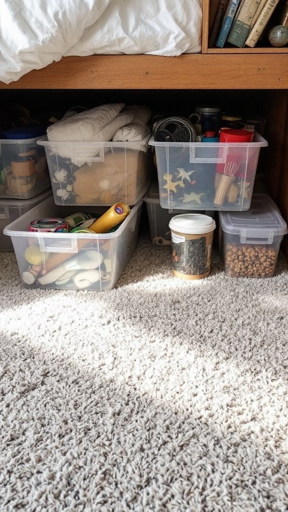 Under-bed storage bins filled with various items