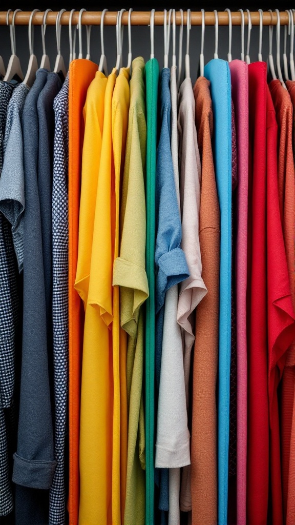 A colorful assortment of shirts hanging neatly in a closet, showcasing creative organization.