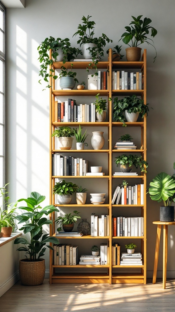 A tall wooden bookshelf filled with books and potted plants, placed beside a window.