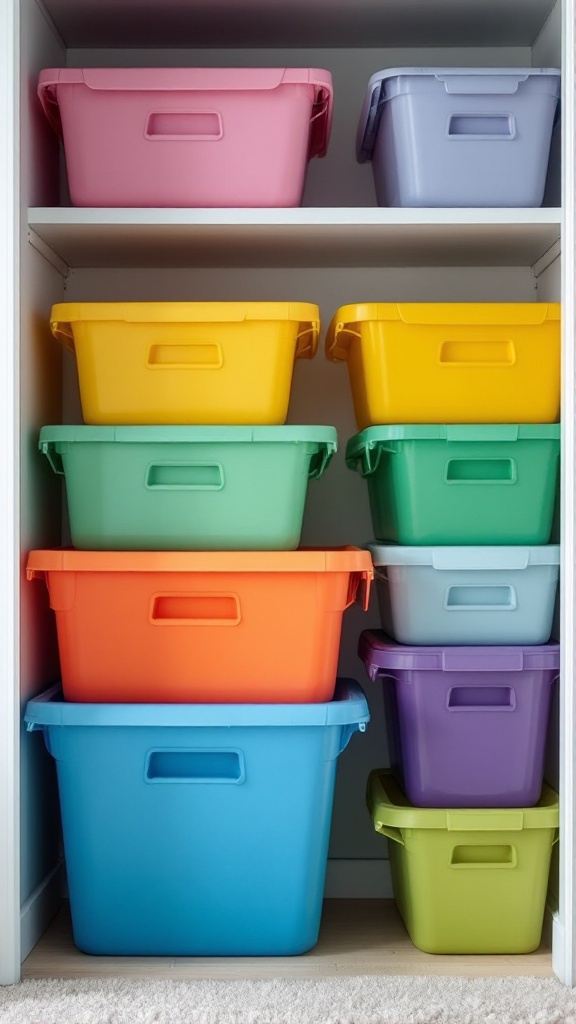 Colorful stackable storage bins arranged on shelves