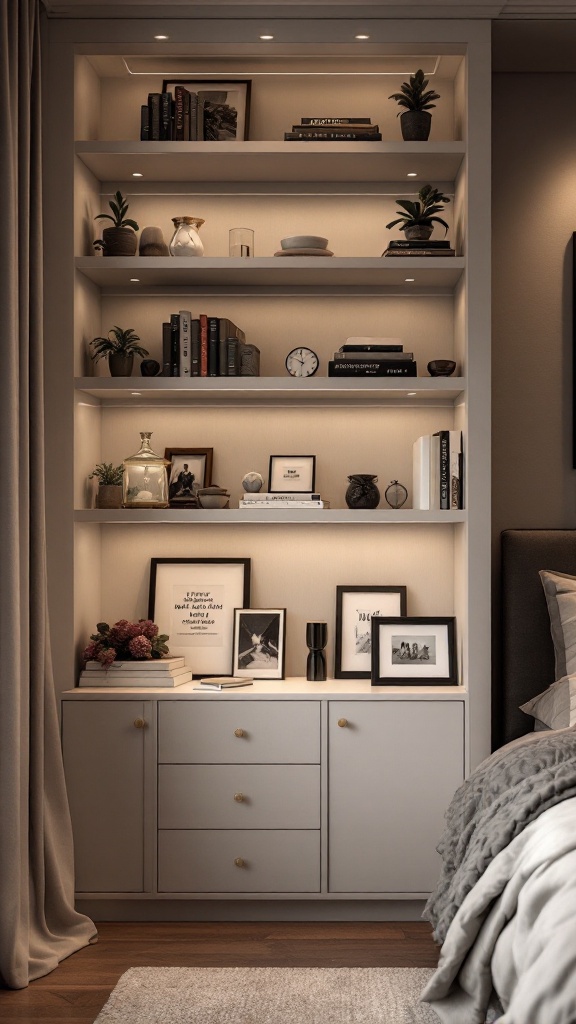 A cozy bedroom featuring customized built-in shelves with books, plants, and decorative items.