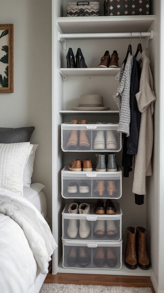 A tidy closet with shoe organizers and clothing neatly arranged.