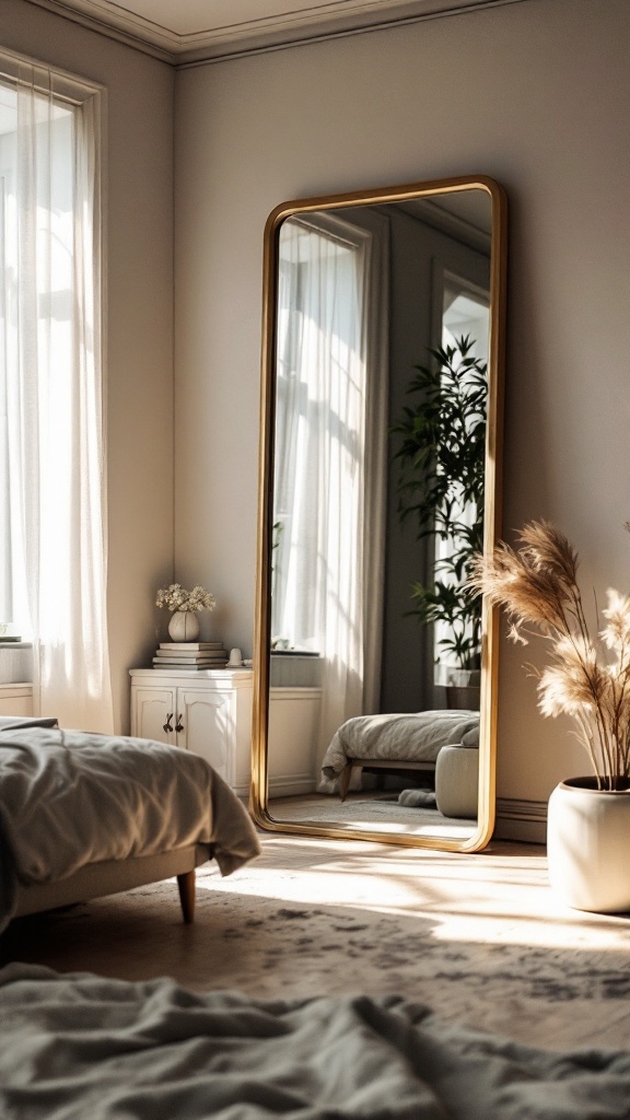 A beautifully decorated bedroom featuring a large mirror that reflects natural light.