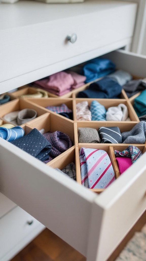 A neatly organized drawer with wooden dividers separating various socks and ties.