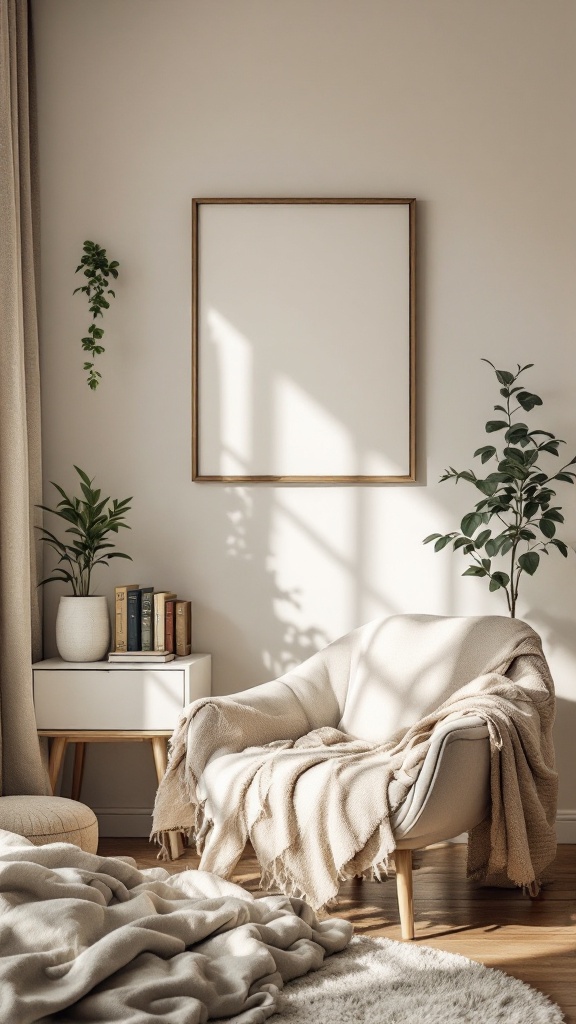 Cozy corner in a bedroom with a chair, plants, and books.