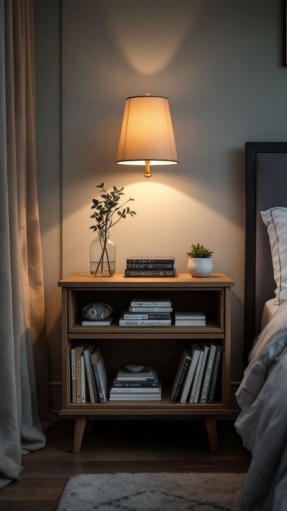 A wooden nightstand with books, a lamp, and decorative items.