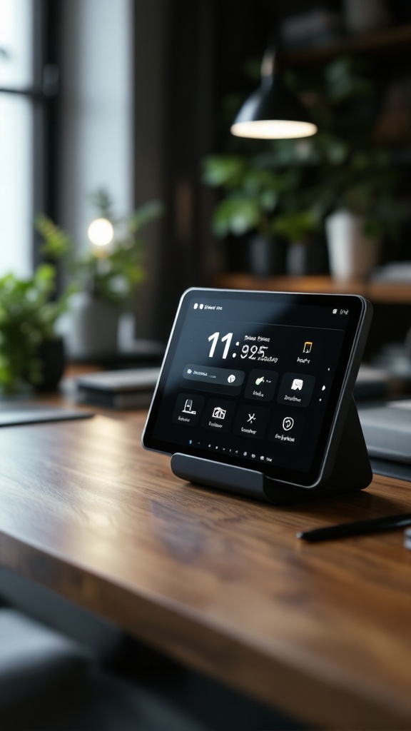 A smart display on a wooden desk showing time and app options.