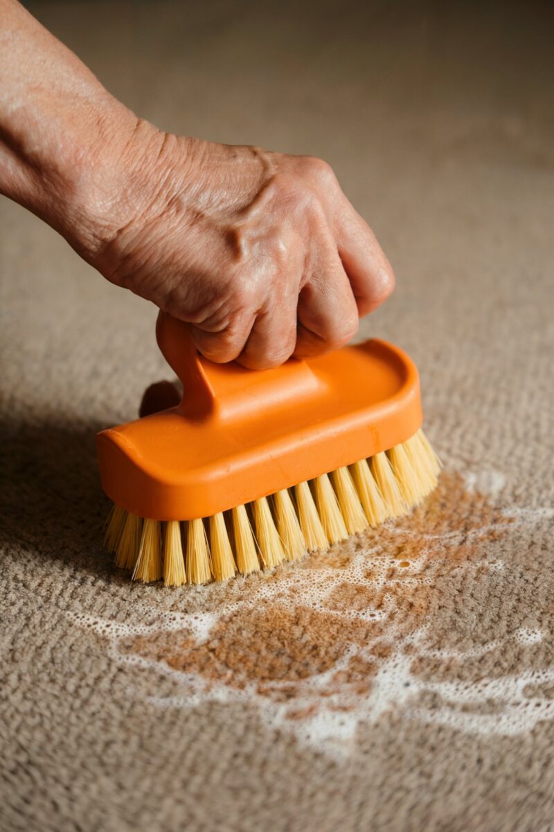 A hand scrubbing a carpet stain with an orange brush