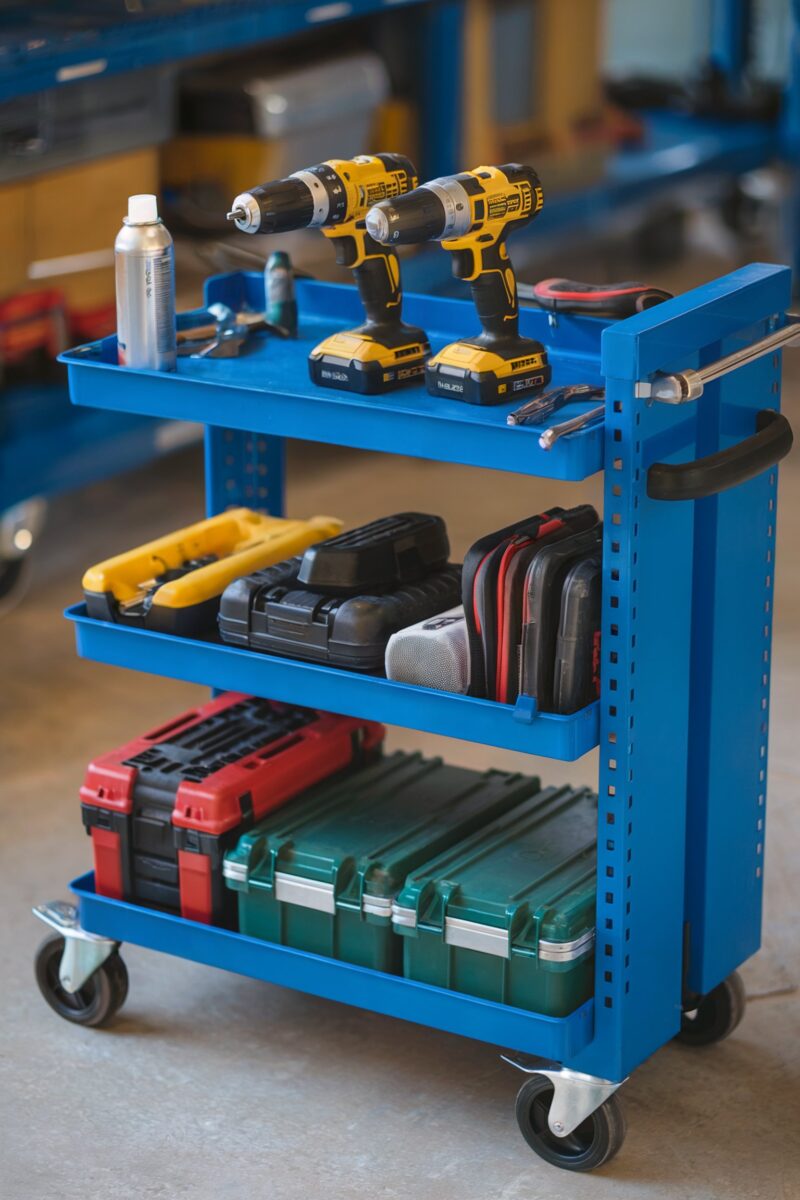 A blue rolling tool cart holding power drills, toolboxes, and accessories