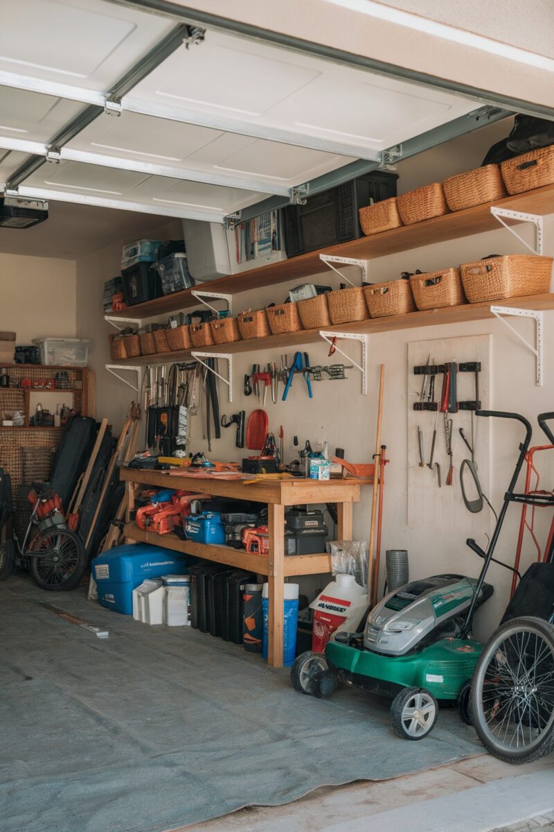 Garage workbench with wicker baskets, tools, and yard equipment neatly arranged