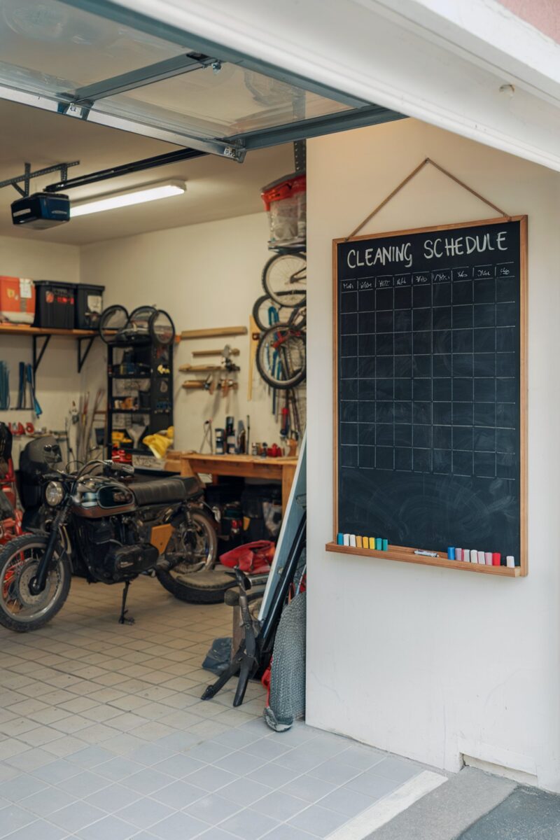 Motorcycle garage corner with a cleaning schedule board and tools on a pegboard