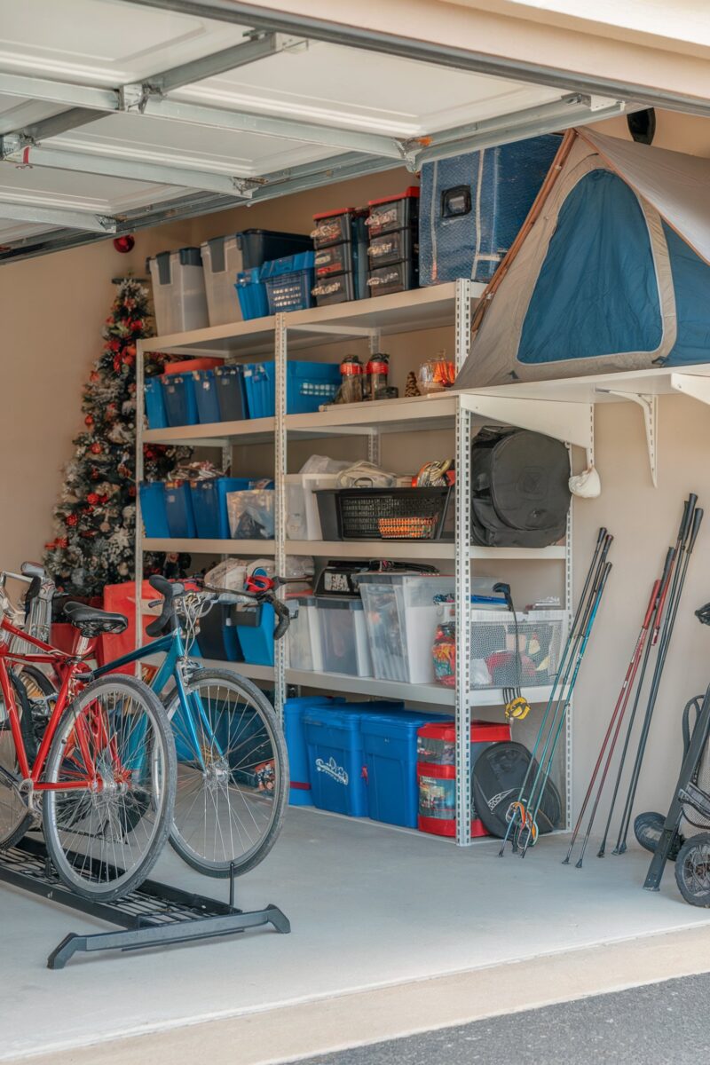 Multi-purpose garage storage featuring bikes, camping gear, and seasonal decorations