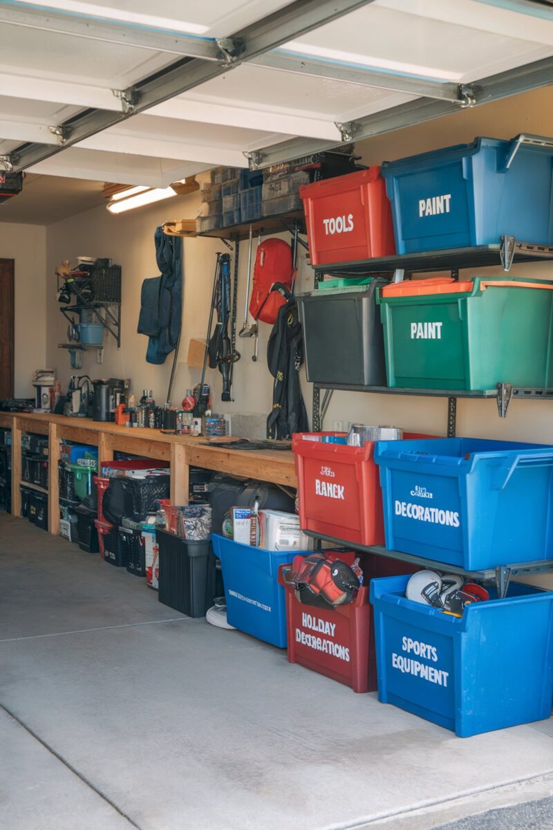 Garage workspace with shelves of labeled bins for tools, paint, and decorations