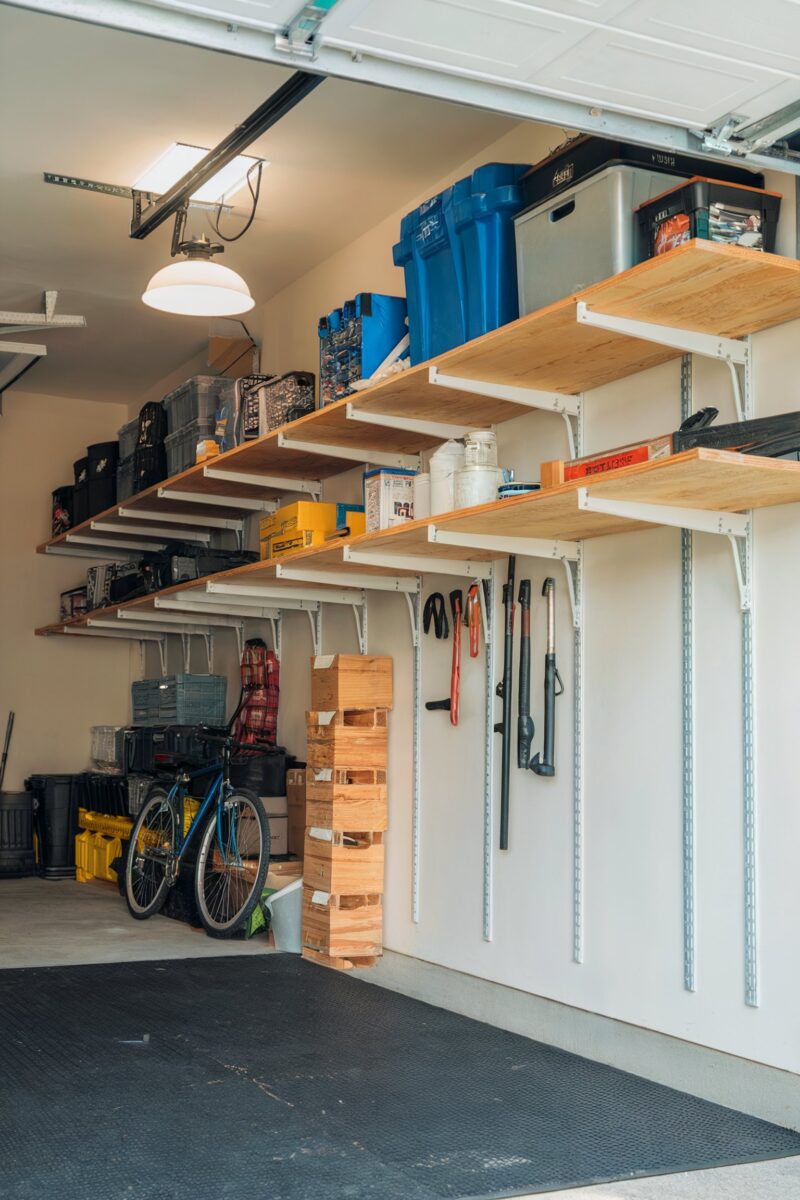 Organized garage shelves with labeled storage bins and tools hanging neatly on hooks