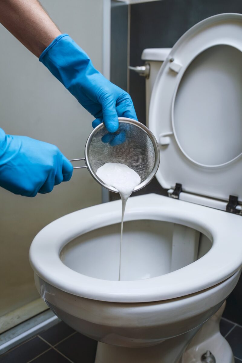 Person pouring a homemade toilet cleaner through a sieve into a toilet