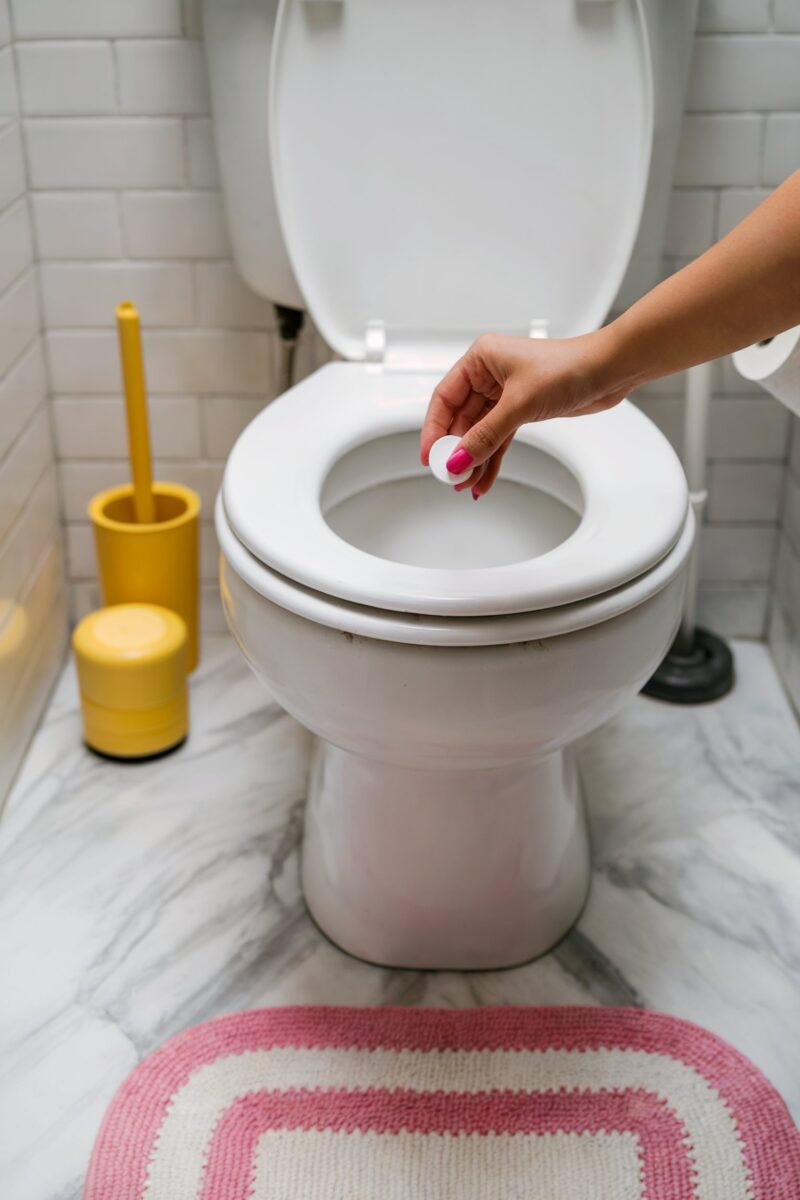 Hand dropping a toilet cleaning tablet into the toilet bowl