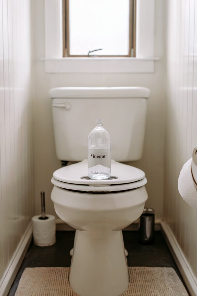 Bottle of vinegar placed on top of a toilet lid in a bathroom